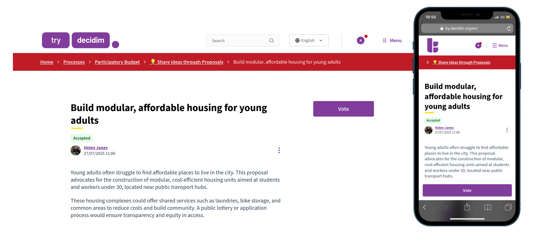 Decidim 0.32 redesigned navigation menu and breadcrumb trail
